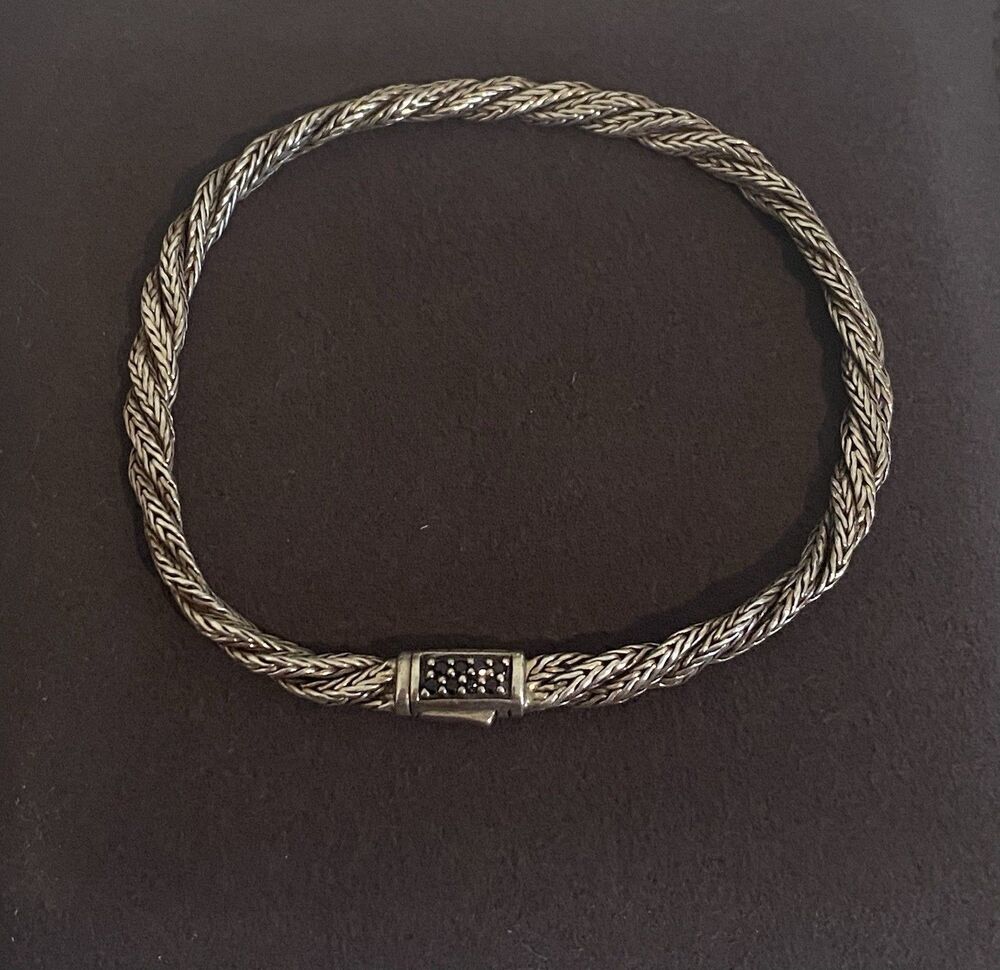 John Hardy Twisted Slim Bracelet With A Pavé Black Sapphire Clasp 7”